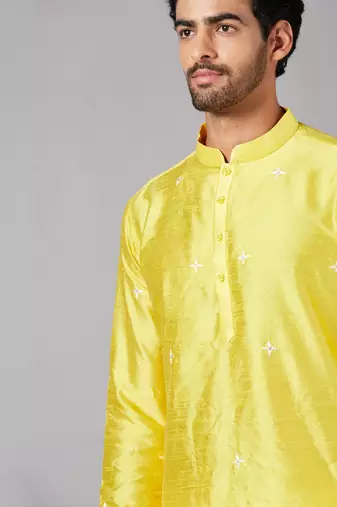 Saanjh Yellow Embroidered Kurta With Mirror Details