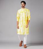 Yellow Raw Silk Tie and Dye Printed Kurta for Men