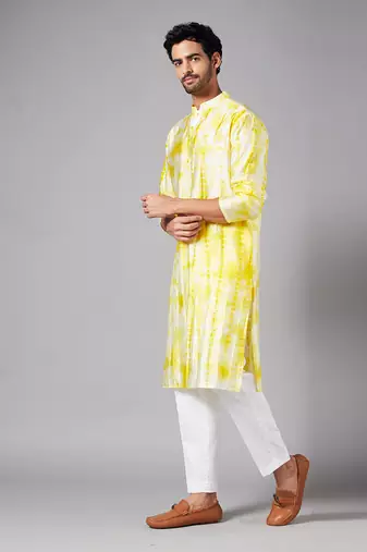 Yellow Raw Silk Tie and Dye Printed Kurta for Men