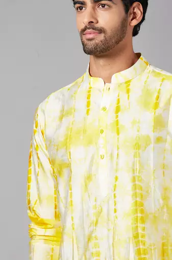 Yellow Raw Silk Tie and Dye Printed Kurta for Men
