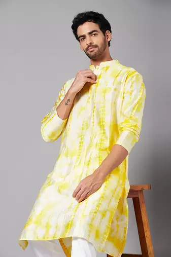 Yellow Raw Silk Tie and Dye Printed Kurta for Men