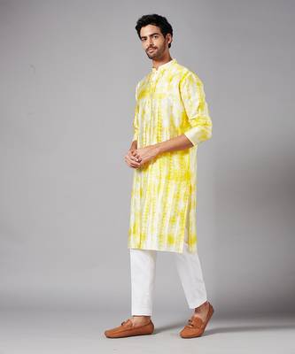 Yellow Raw Silk Tie and Dye Printed Kurta for Men 5