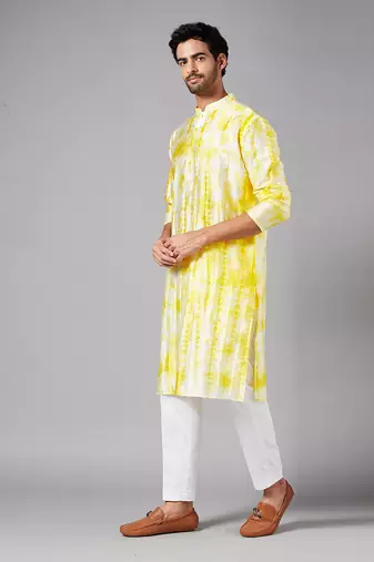 Yellow Raw Silk Tie and Dye Printed Kurta for Men