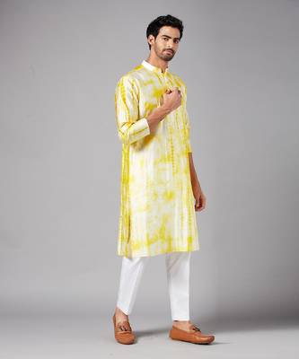 Yellow Raw Silk Tie and Dye Printed Kurta for Men 6