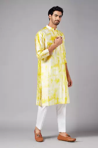 Yellow Raw Silk Tie and Dye Printed Kurta for Men