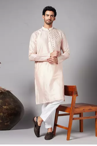Pink Rooyi Position Mirror Work Kurta