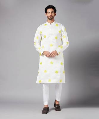 Mogra Yellow Leaf Embroidered Kurta 1