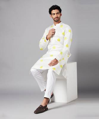 Mogra Yellow Leaf Embroidered Kurta 2