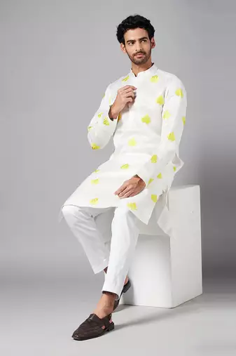 Mogra Yellow Leaf Embroidered Kurta