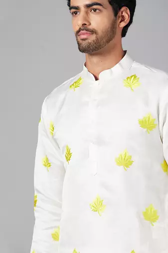 Mogra Yellow Leaf Embroidered Kurta