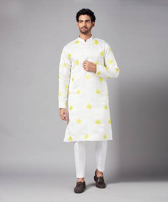 Mogra Yellow Leaf Embroidered Kurta 4