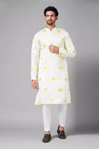 Mogra Yellow Leaf Embroidered Kurta
