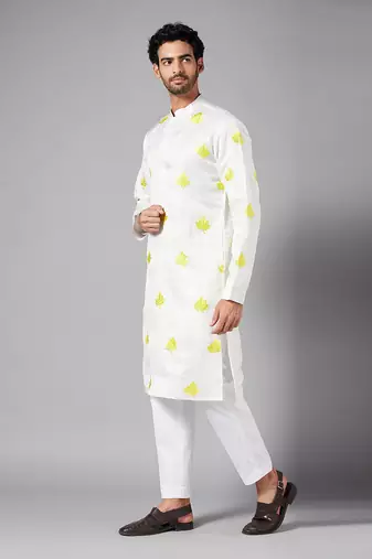 Mogra Yellow Leaf Embroidered Kurta