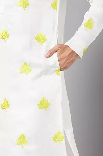 Mogra Yellow Leaf Embroidered Kurta