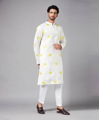 Mogra Yellow Leaf Embroidered Kurta 7