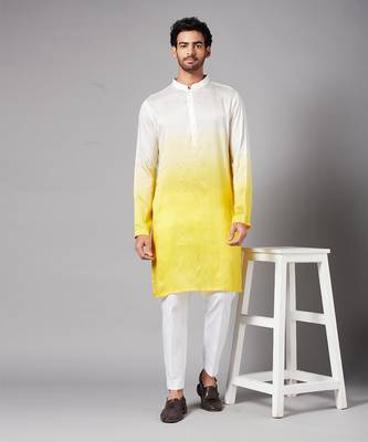 Men's Yellow and White Raw Silk  Kurta Set 1