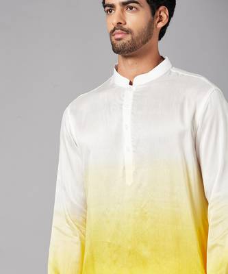 Men's Yellow and White Raw Silk  Kurta Set 2