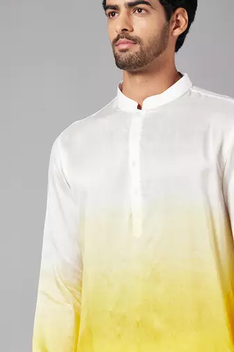 Men's Yellow and White Raw Silk  Kurta Set