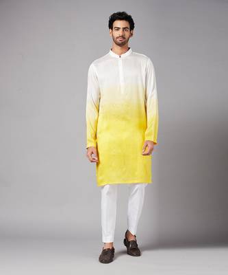 Men's Yellow and White Raw Silk  Kurta Set 3