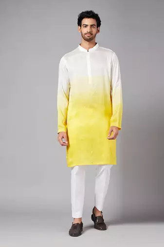 Men's Yellow and White Raw Silk  Kurta Set