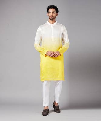 Men's Yellow and White Raw Silk  Kurta Set 4