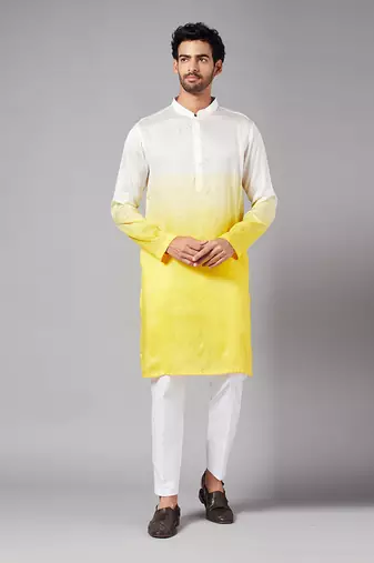 Men's Yellow and White Raw Silk  Kurta Set