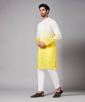Men's Yellow and White Raw Silk  Kurta Set 5