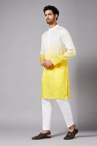 Men's Yellow and White Raw Silk  Kurta Set