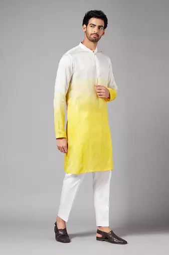 Men's Yellow and White Raw Silk  Kurta Set