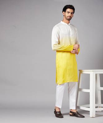 Men's Yellow and White Raw Silk  Kurta Set 7