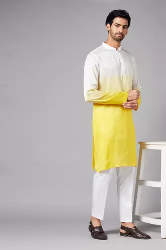 Men's Yellow and White Raw Silk  Kurta Set
