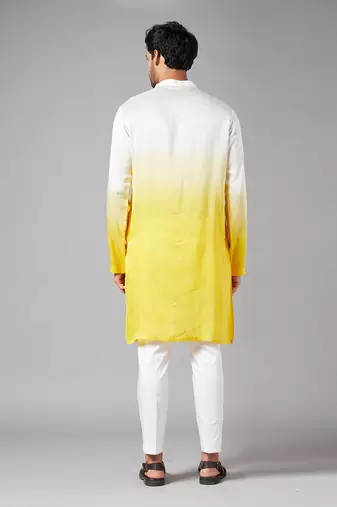 Men's Yellow and White Raw Silk  Kurta Set
