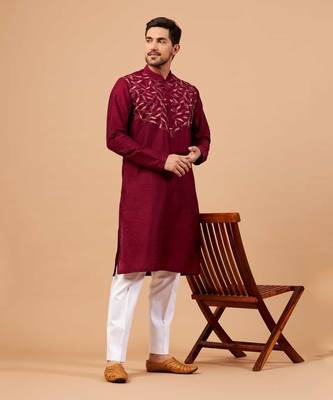 Magenta Leaf Motif Basik Kurta Set 1
