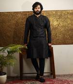 Solid Black Reindeer Embroidered Kurta Set