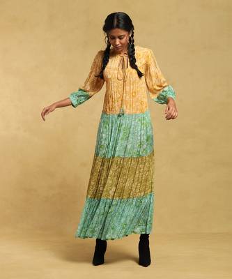 RITU KUMAR Green Floral Print Tiered Long Dress 1