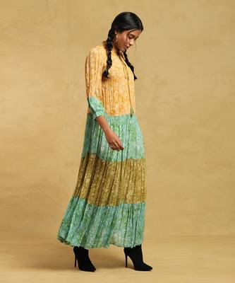 RITU KUMAR Green Floral Print Tiered Long Dress 3