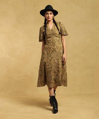 RITU KUMAR Olive Embroidered A-Line Midi Dress 1