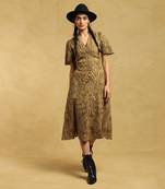 RITU KUMAR Olive Embroidered A-Line Midi Dress
