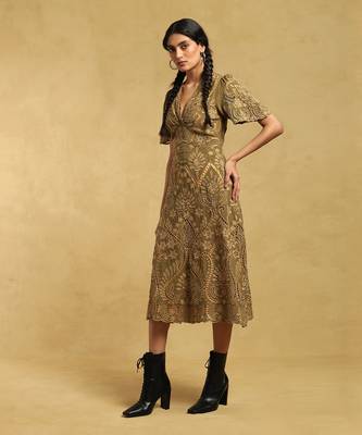 RITU KUMAR Olive Embroidered A-Line Midi Dress 2