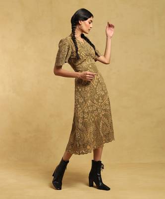 RITU KUMAR Olive Embroidered A-Line Midi Dress 3