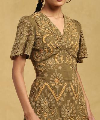 RITU KUMAR Olive Embroidered A-Line Midi Dress 5