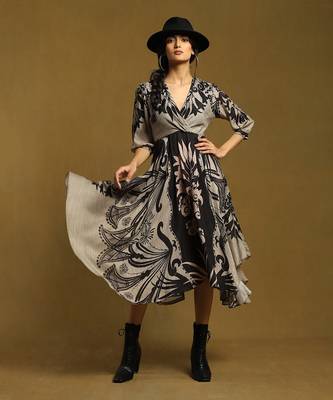 RITU KUMAR Black Botanic Print Flared Midi Dress 1