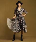 RITU KUMAR Black Botanic Print Flared Midi Dress