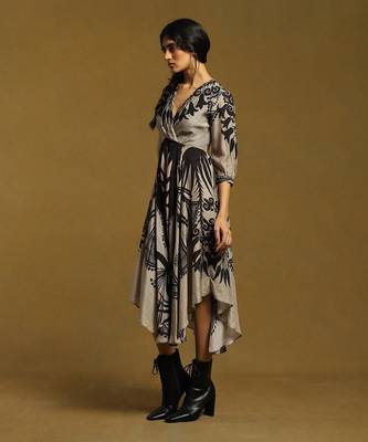 RITU KUMAR Black Botanic Print Flared Midi Dress 2
