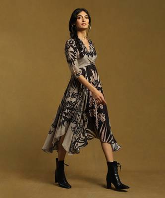 RITU KUMAR Black Botanic Print Flared Midi Dress 3