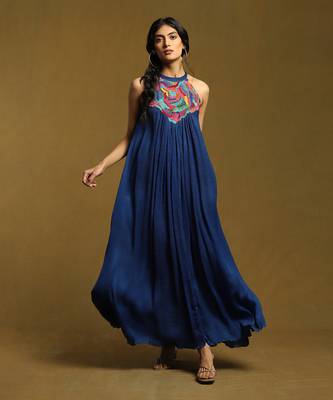 RITU KUMAR Blue Embroidered Halter Long Dress 1