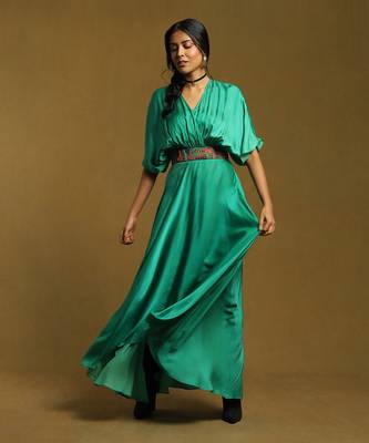 RITU KUMAR Green Kaftan Long Dress With Embroidered Belt 1