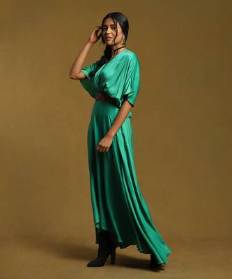 RITU KUMAR Green Kaftan Long Dress With Embroidered Belt 2