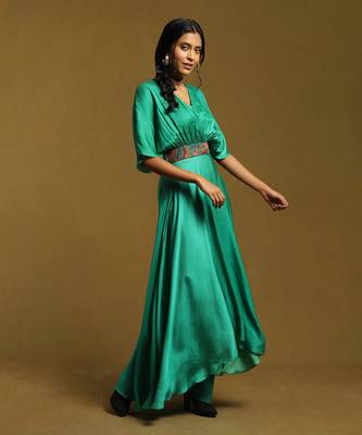 RITU KUMAR Green Kaftan Long Dress With Embroidered Belt 3