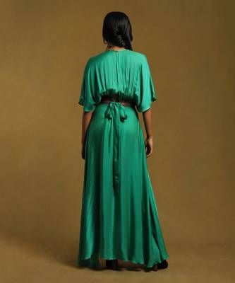 RITU KUMAR Green Kaftan Long Dress With Embroidered Belt 4